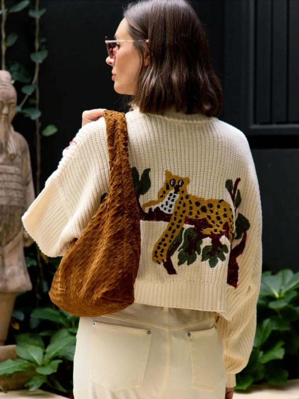STAUD Cream Cropped Cardigan with Leopard Motif, Size XS, EUC - Picture 1 of 5